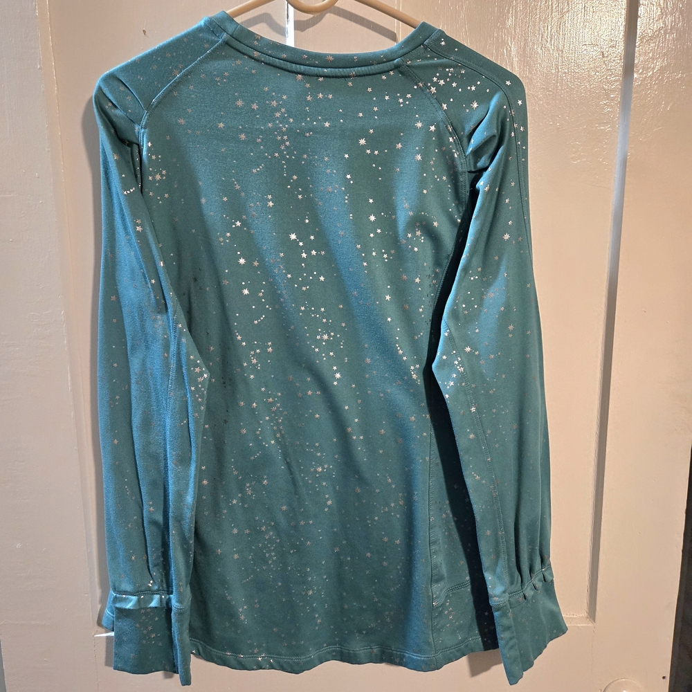 MTA Sport Teal Starry Long Sleeve Shirt Size Large Silver Metallic Stars Ruffles - Picture 2 of 10